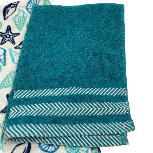 Main Street Tropical Beach House 3 Hand Towel Set Teal White Seashells Bathroom - Picture 7 of 9